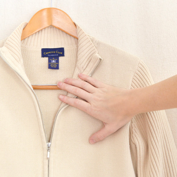 simple beige cotton zip up sweater with contrast ribbed sleeves