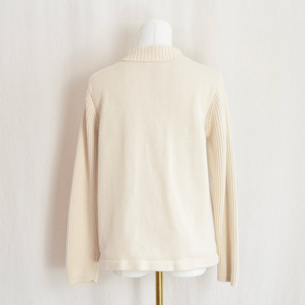 simple beige cotton zip up sweater with contrast ribbed sleeves