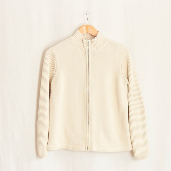 simple beige cotton zip up sweater with contrast ribbed sleeves