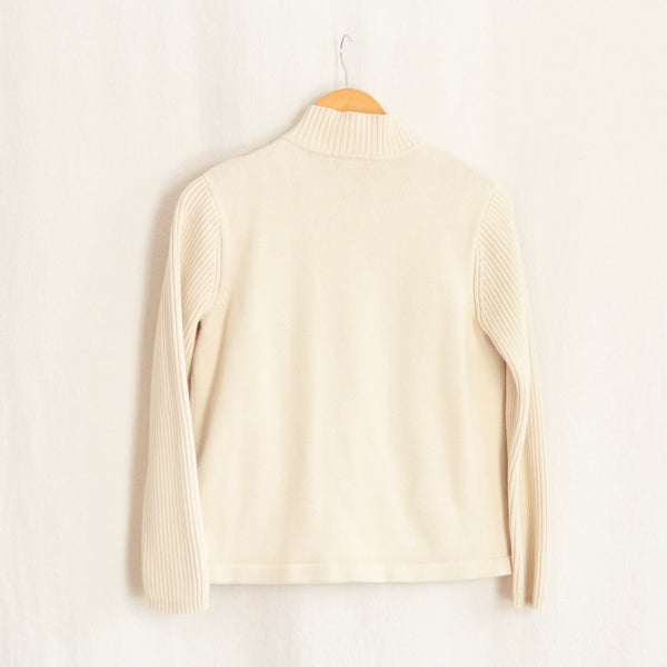 simple beige cotton zip up sweater with contrast ribbed sleeves