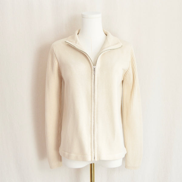 simple beige cotton zip up sweater with contrast ribbed sleeves
