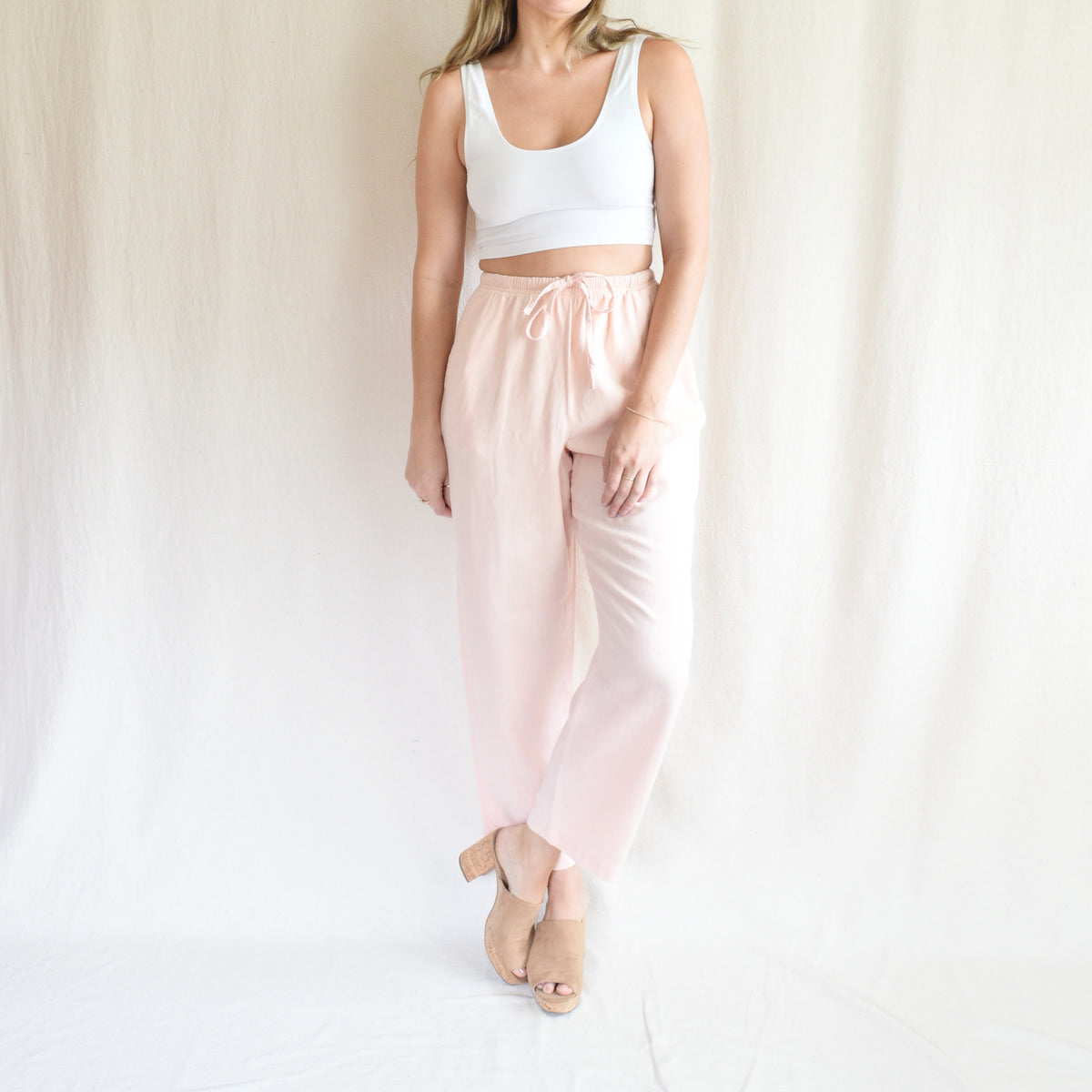 29 - 38 wide leg light pink drawstring elastic linen blend pants – shop  state and plain