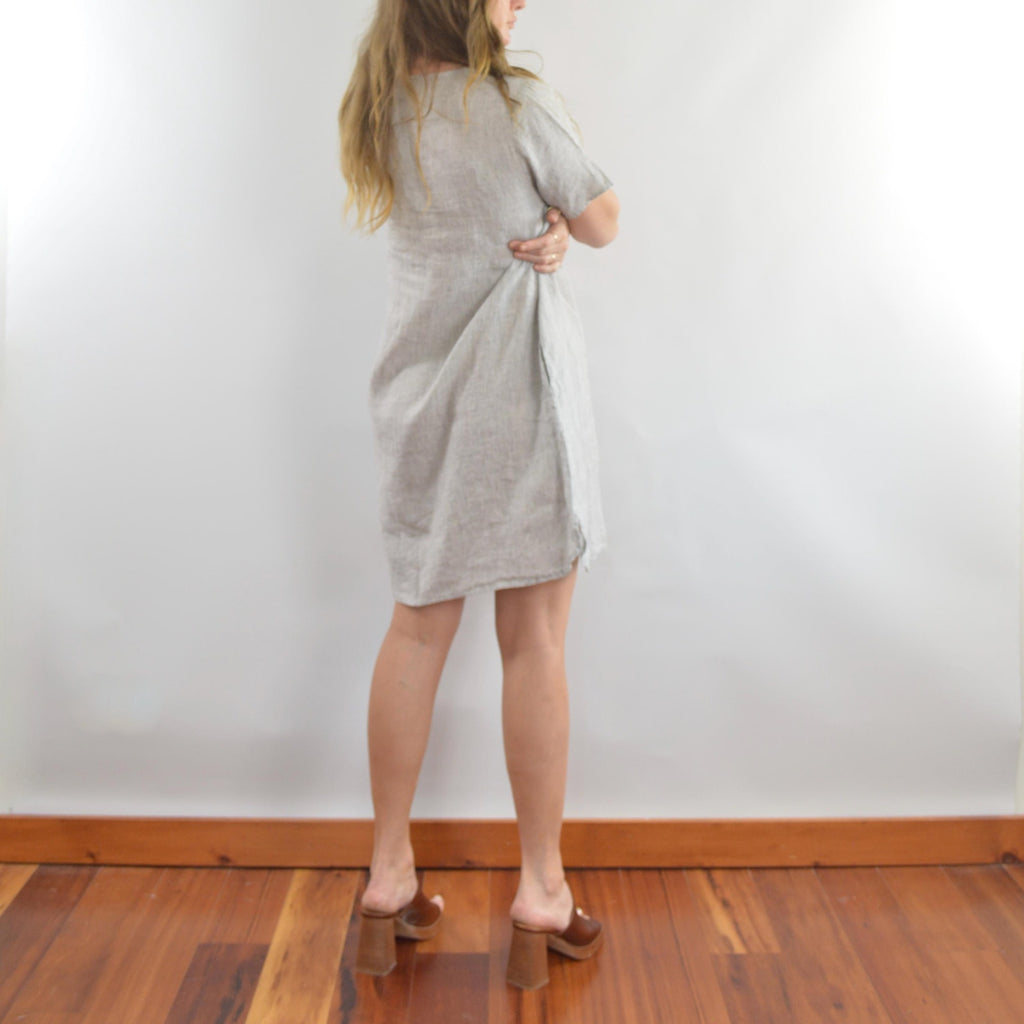 100% linen blue and white striped flax mini tee dress with pockets