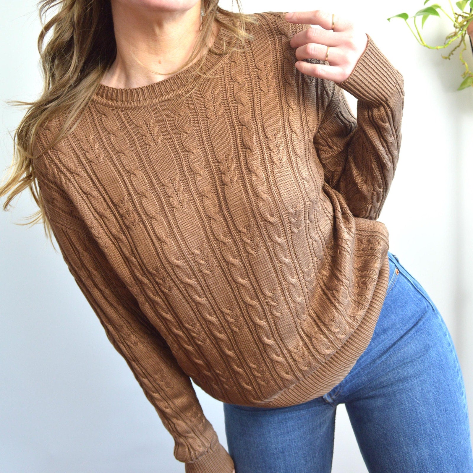 pure silk warm light brown cable knit crew neck sweater