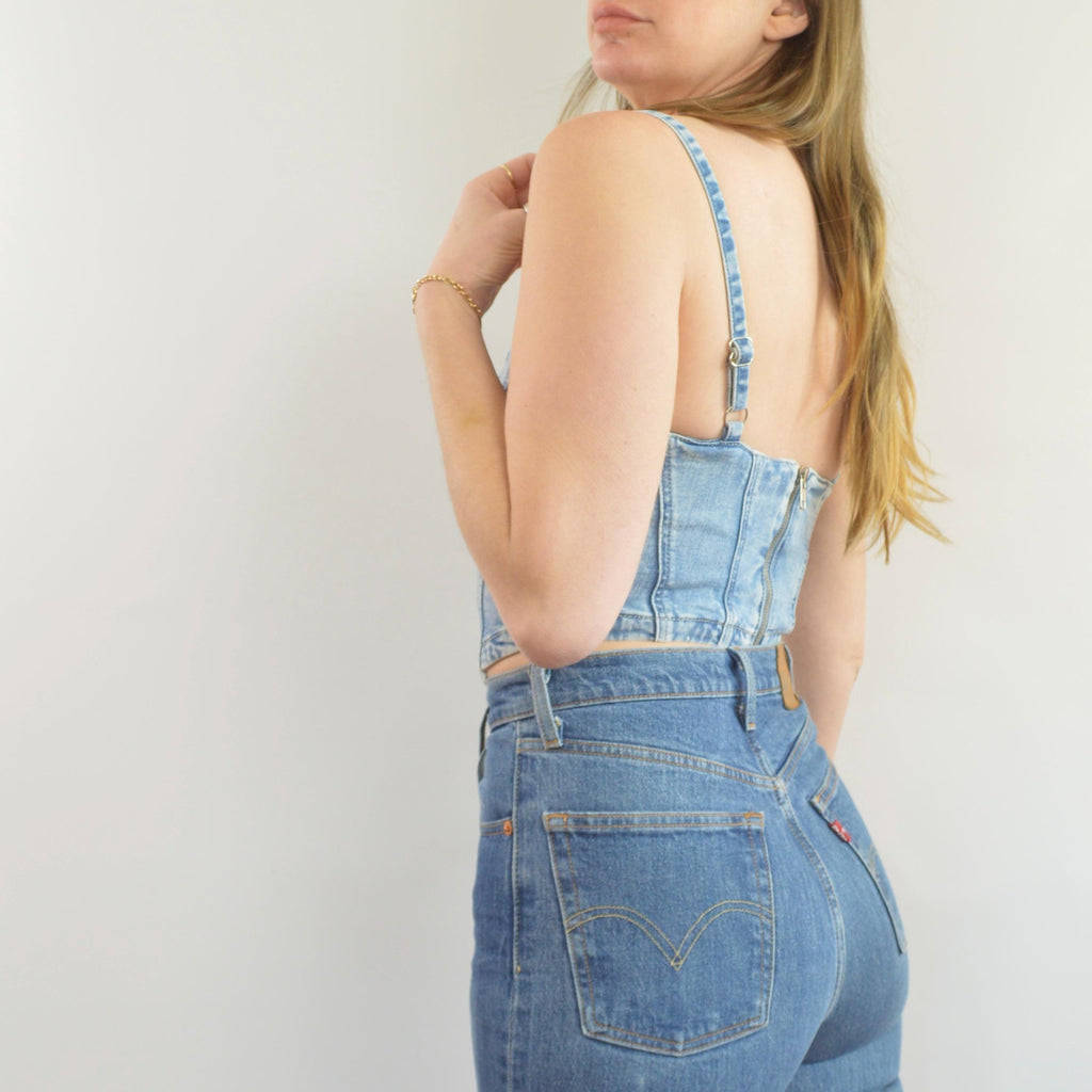 medium wash denim bustier tank with adjustable straps