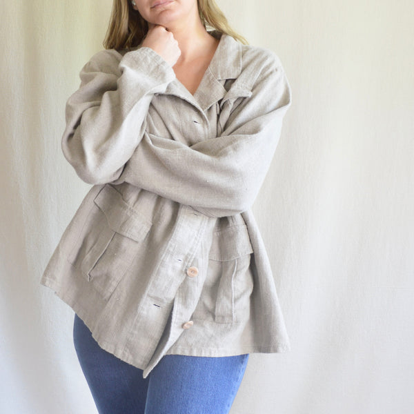 long taupe beige flax linen chore jacket