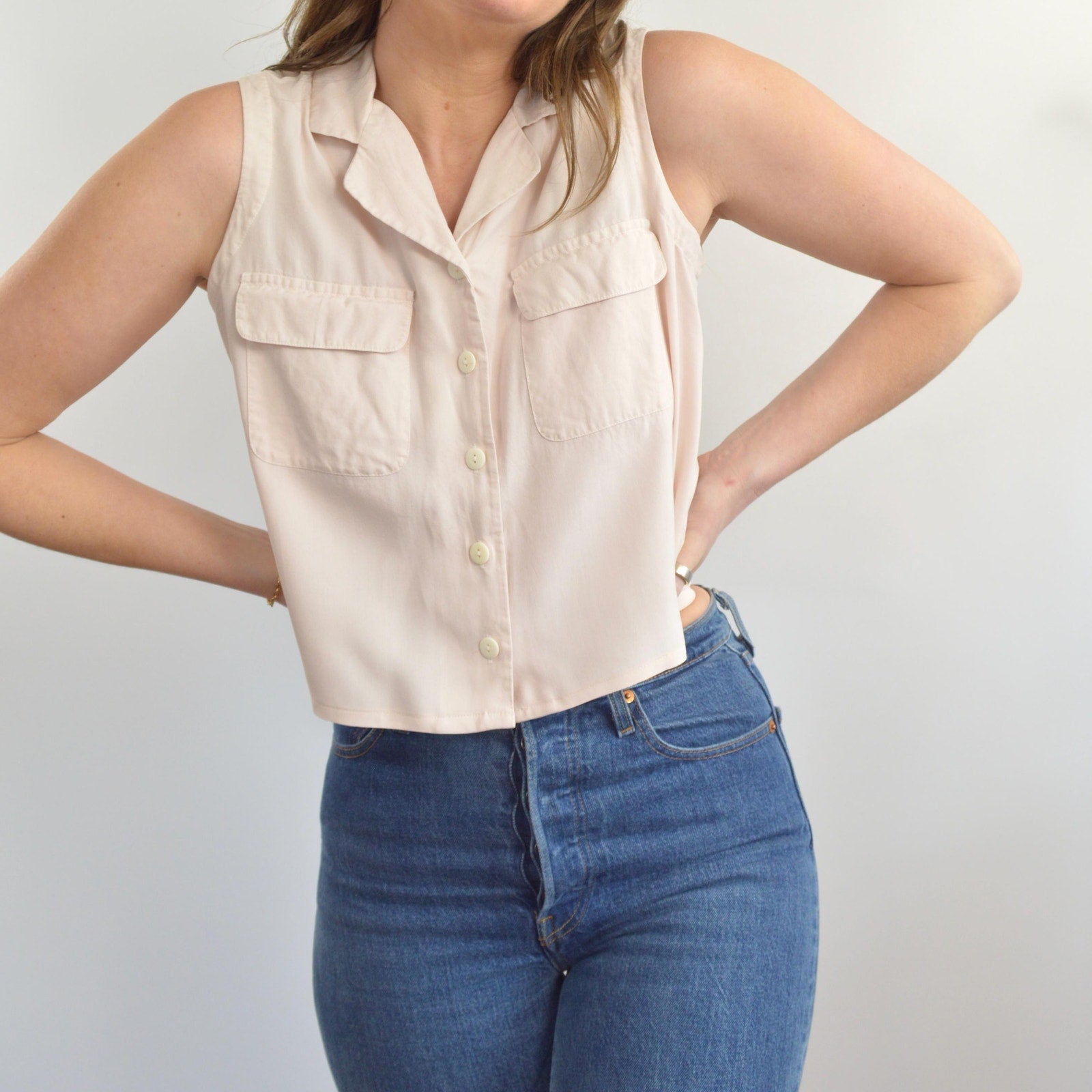 subtle light pink cropped button down 100% silk top