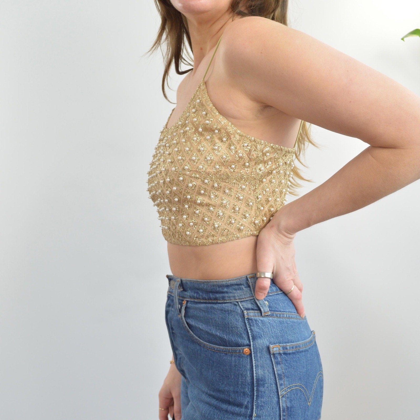 gold pearl and glitter vintage crop top