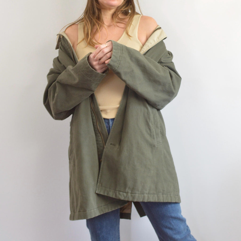 quilted olive green cotton mid length chore coat