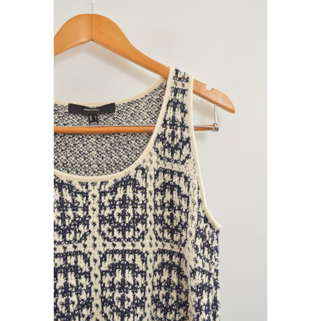 navy and cream abstract open knit cotton blend tank top sweater