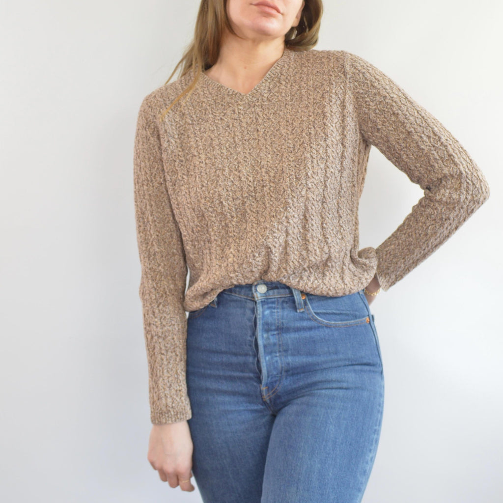 speckled brown and tan v-neck cotton cropped sweater