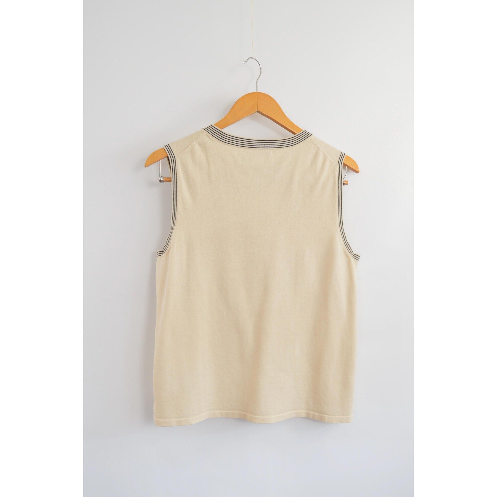 sweater knit silk blend tank with black striped banding around neck and sleeves