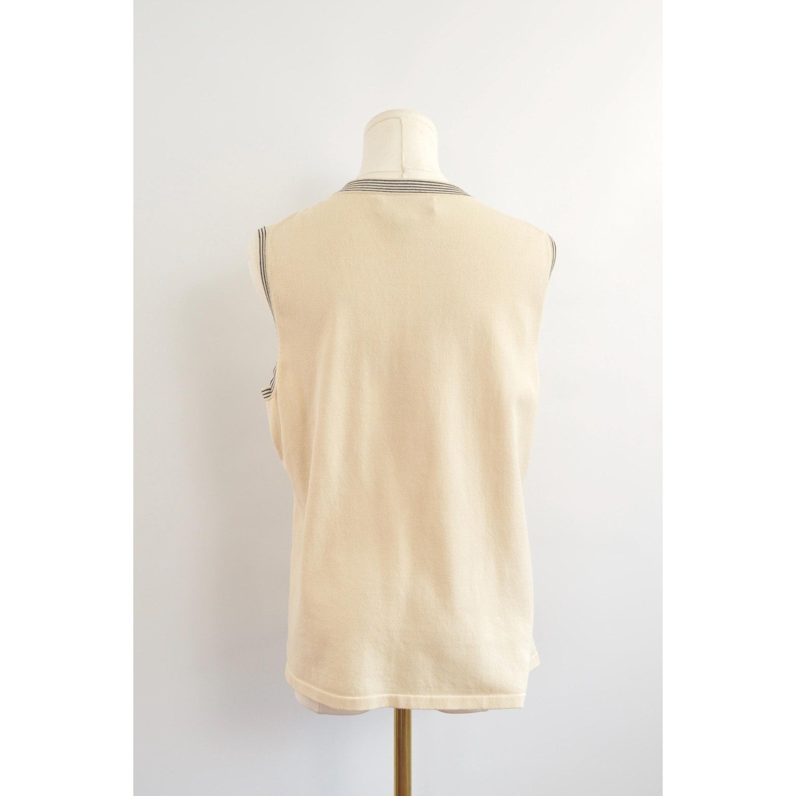 sweater knit silk blend tank with black striped banding around neck and sleeves