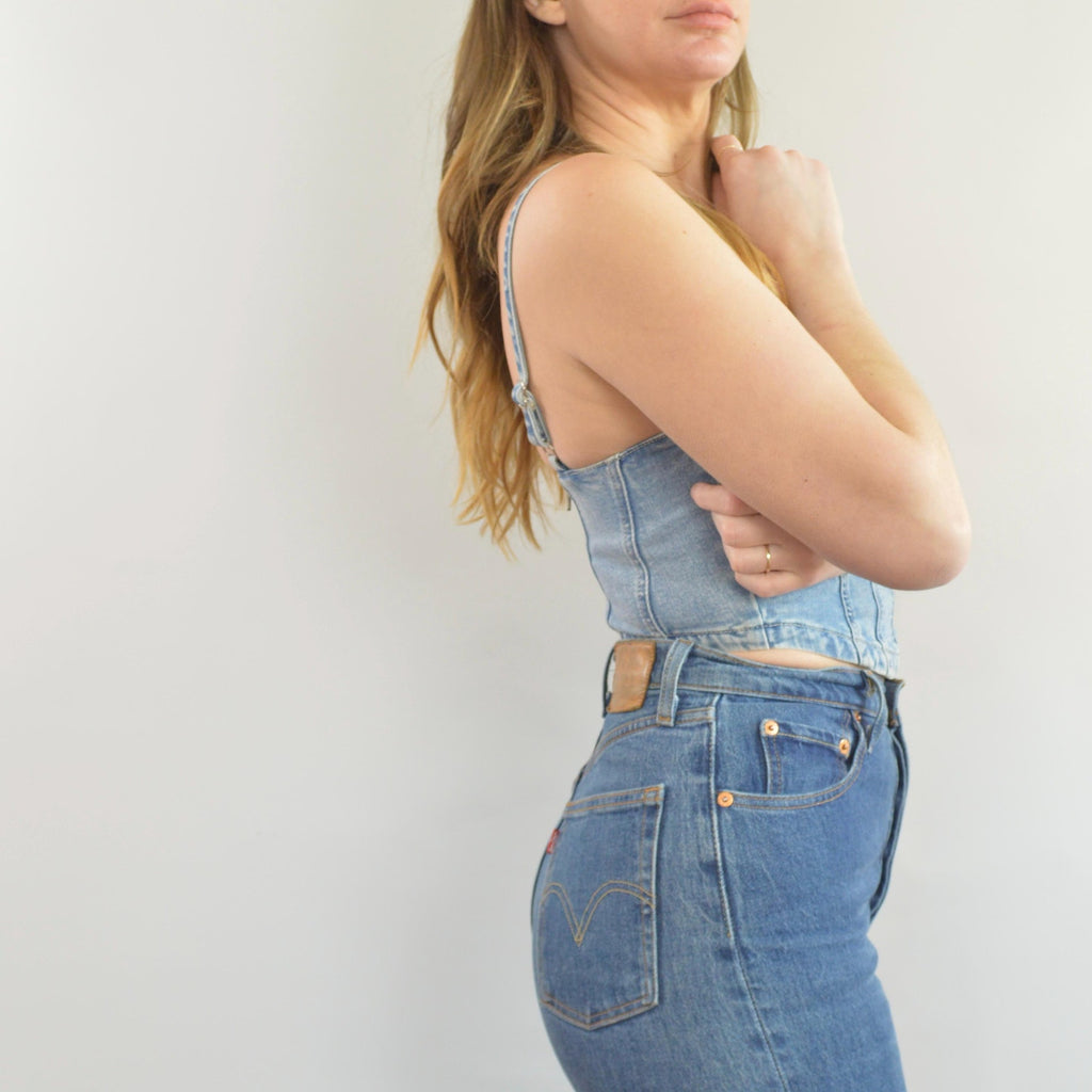 medium wash denim bustier tank with adjustable straps