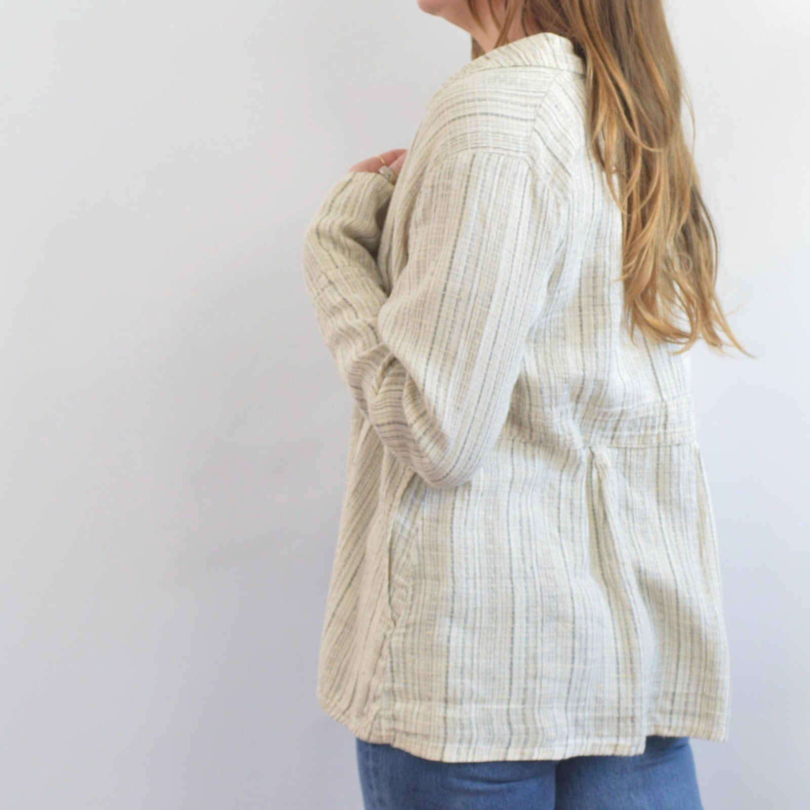 fine strip beige and gray 100% linen FLAX summer jacket