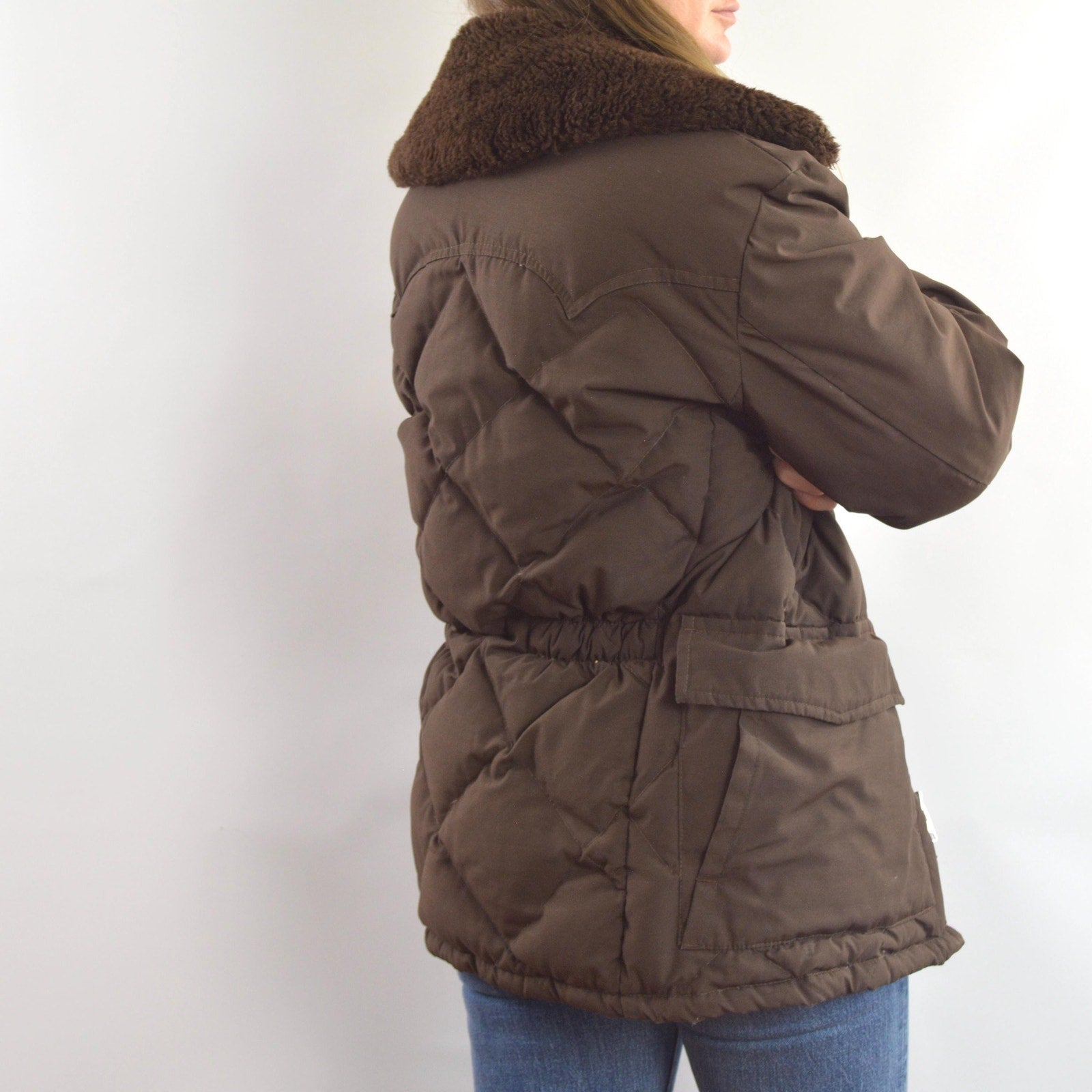 super cool park ranger meets cowboy brown puffer coat with fluffy collar