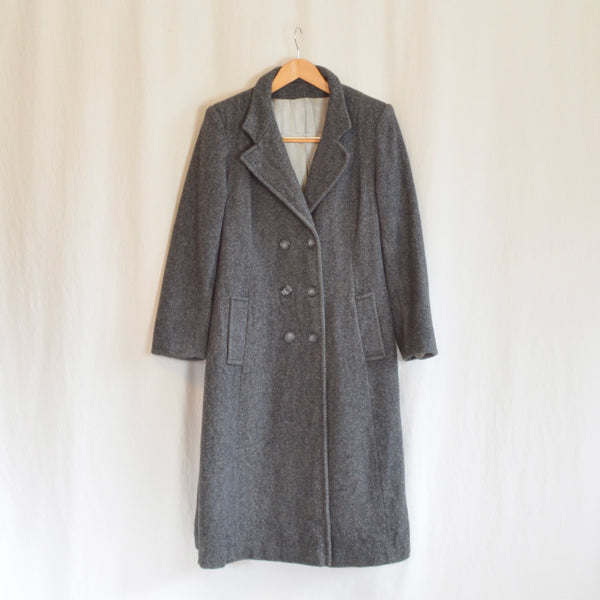 long charcoal gray herringbone pure wool overcoat