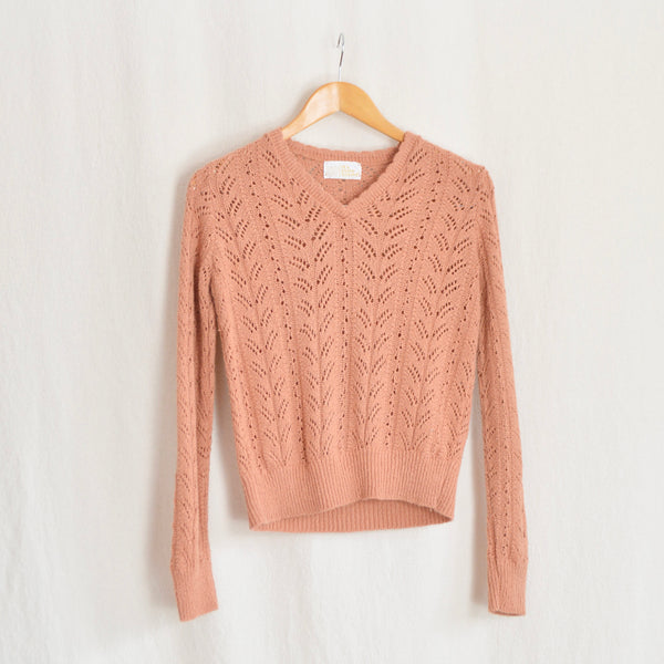 “pure gould” open knit dusty rose v-neck cropped sweater