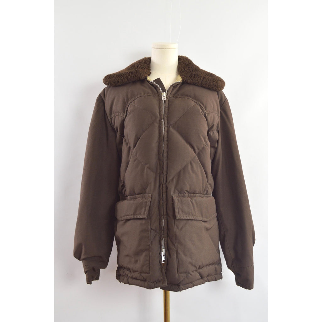 super cool park ranger meets cowboy brown puffer coat with fluffy collar