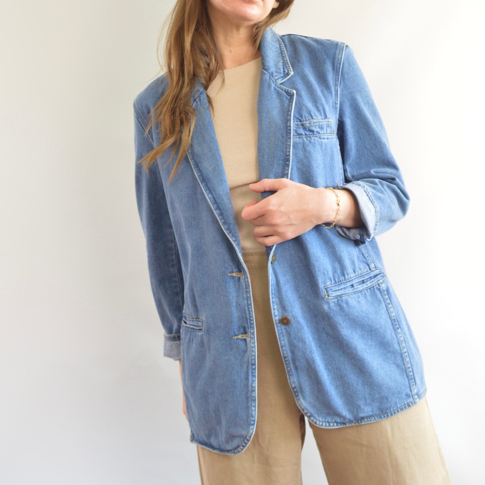 100% cotton vintage mid wash denim blazer jacket