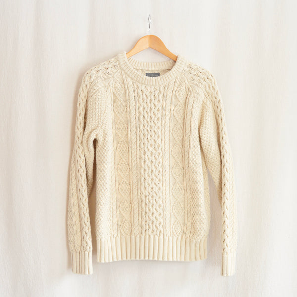cream cotton ll bean cable knit crew neck sweater