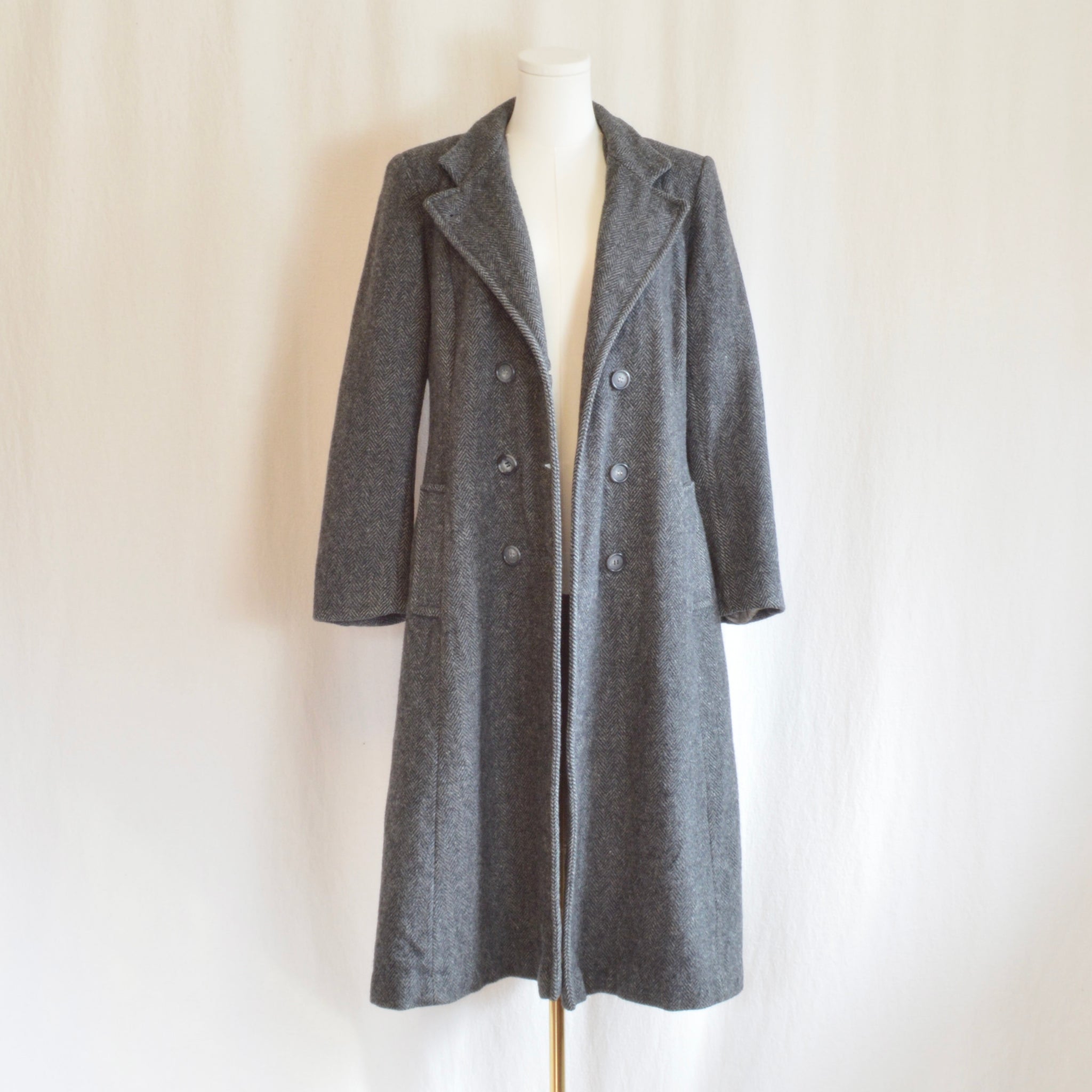 long charcoal gray herringbone pure wool overcoat
