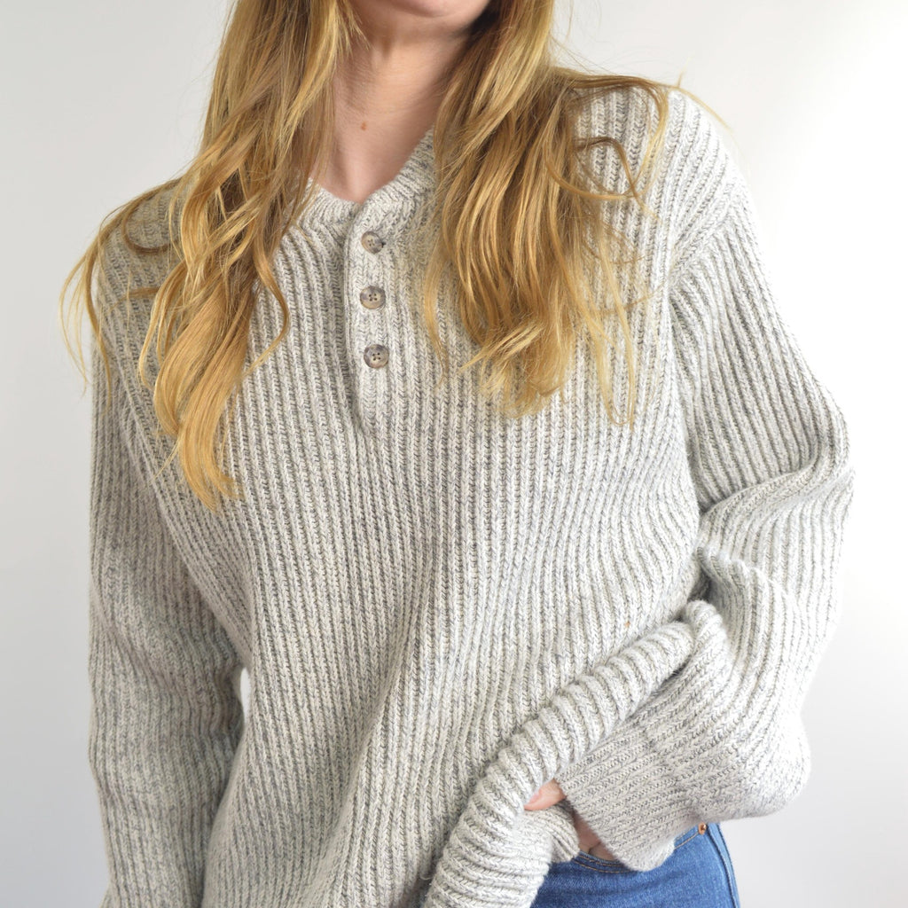 blue and white marled knit cotton quarter button vintage ll bean sweater