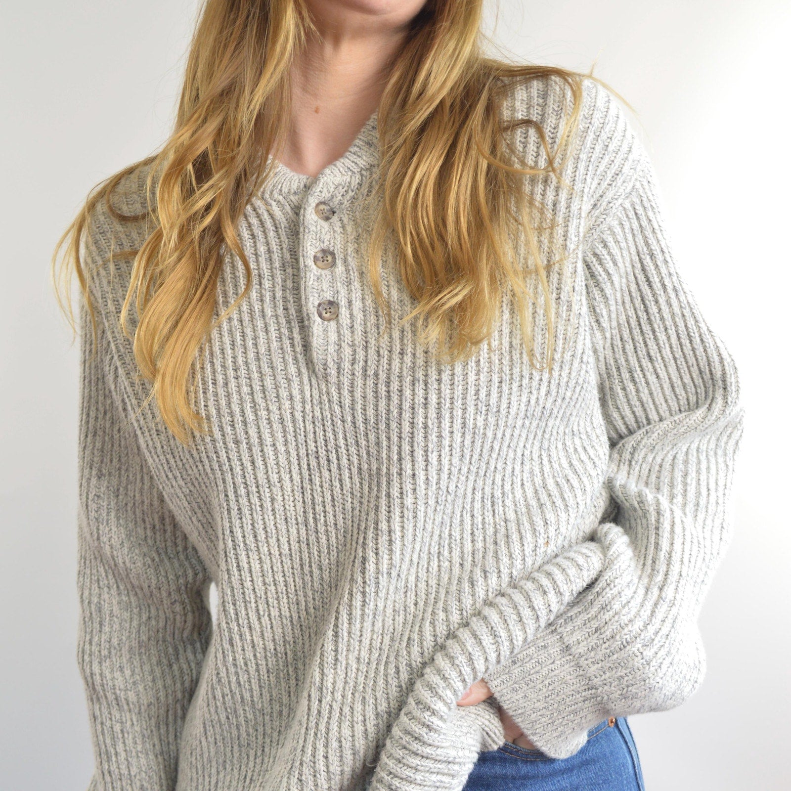 blue and white marled knit cotton quarter button vintage ll bean sweater