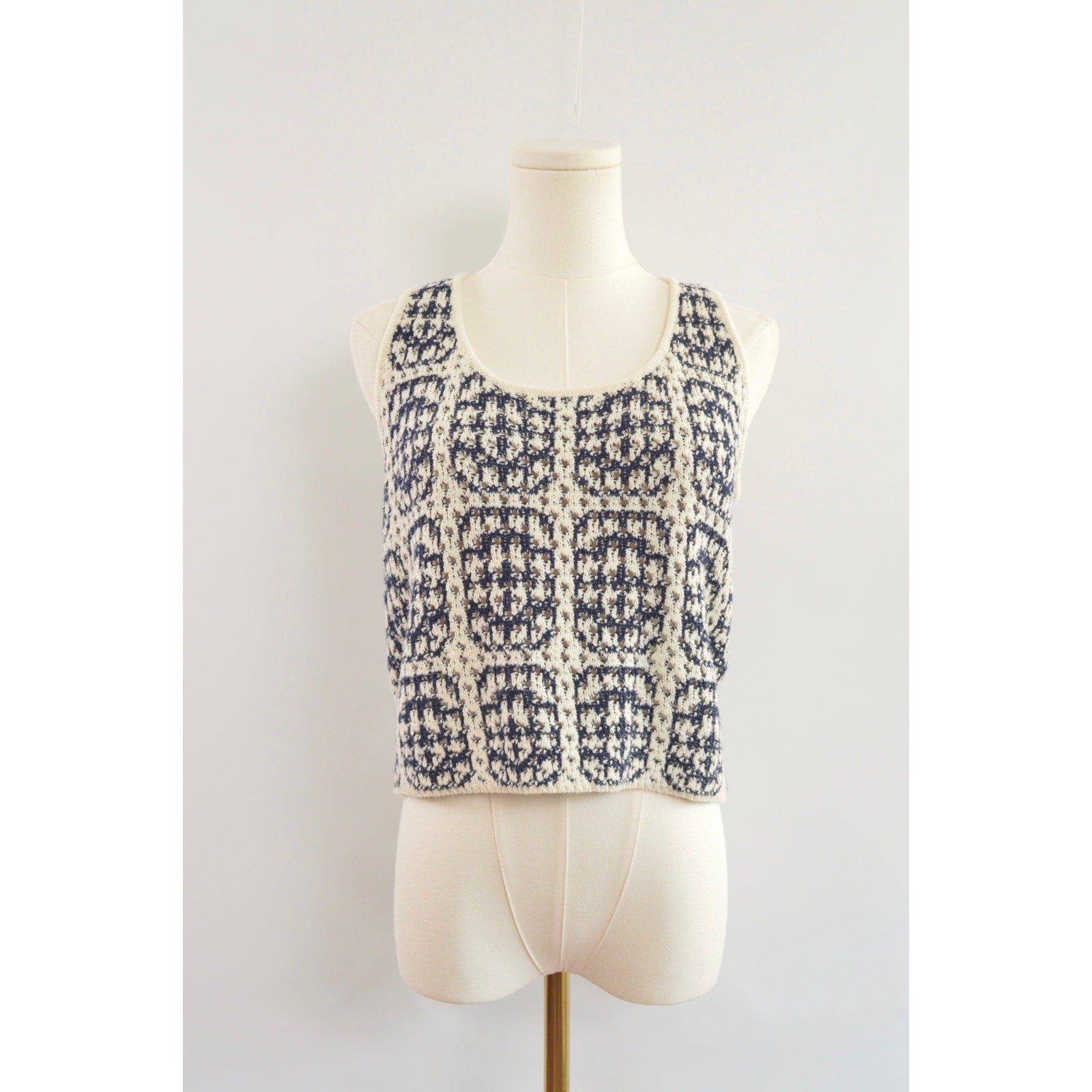 navy and cream abstract open knit cotton blend tank top sweater