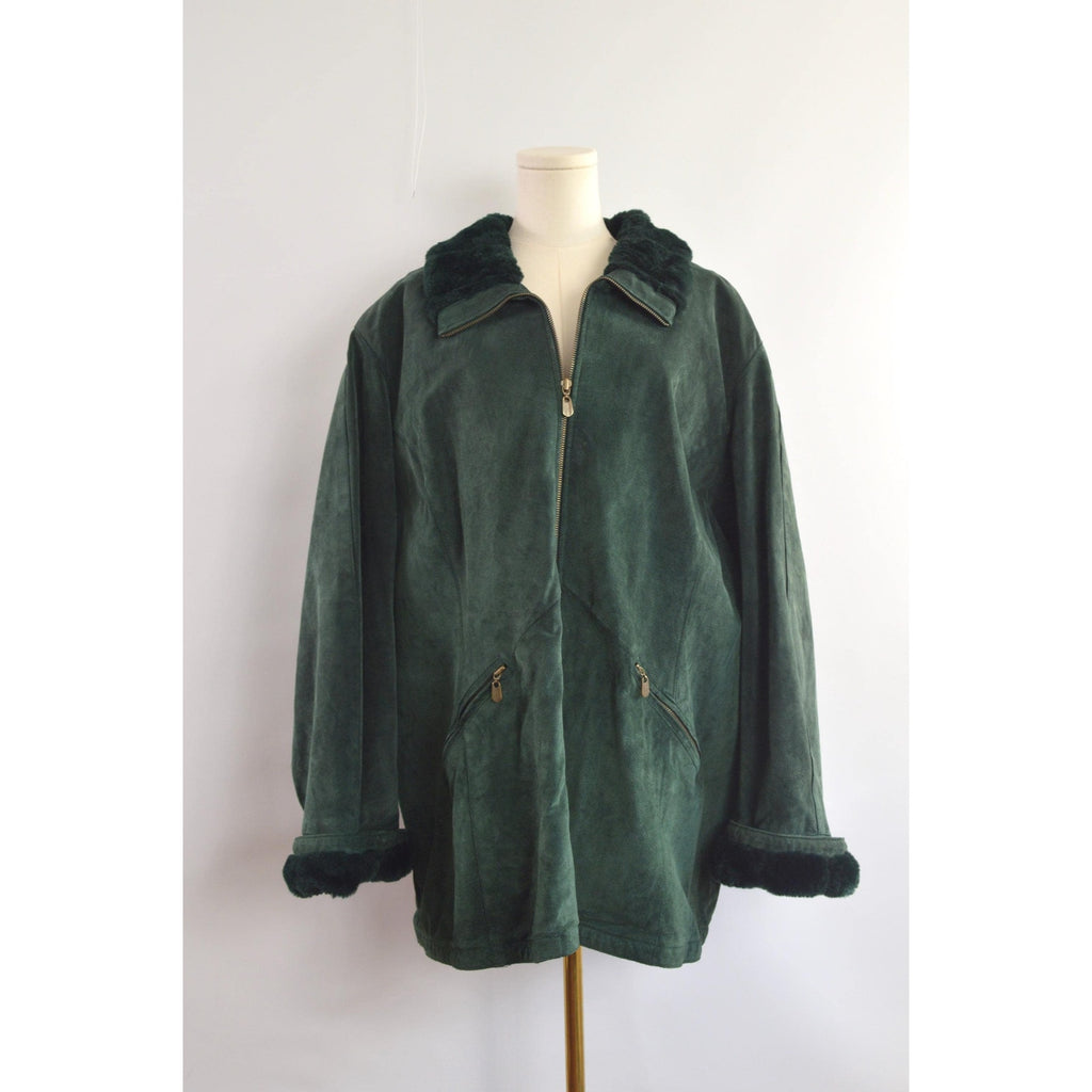 evergreen suede chore coat with sheepskin collar and cuffs