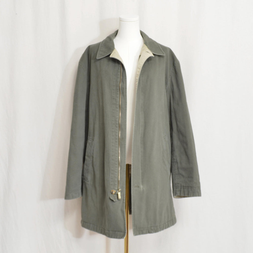 quilted olive green cotton mid length chore coat