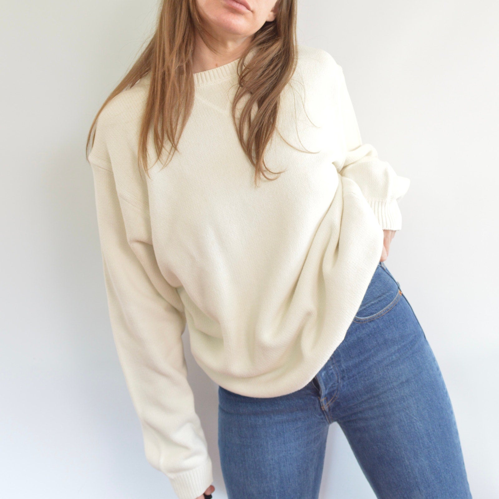 classic off white crew neck vintage eddie bauer cotton sweater