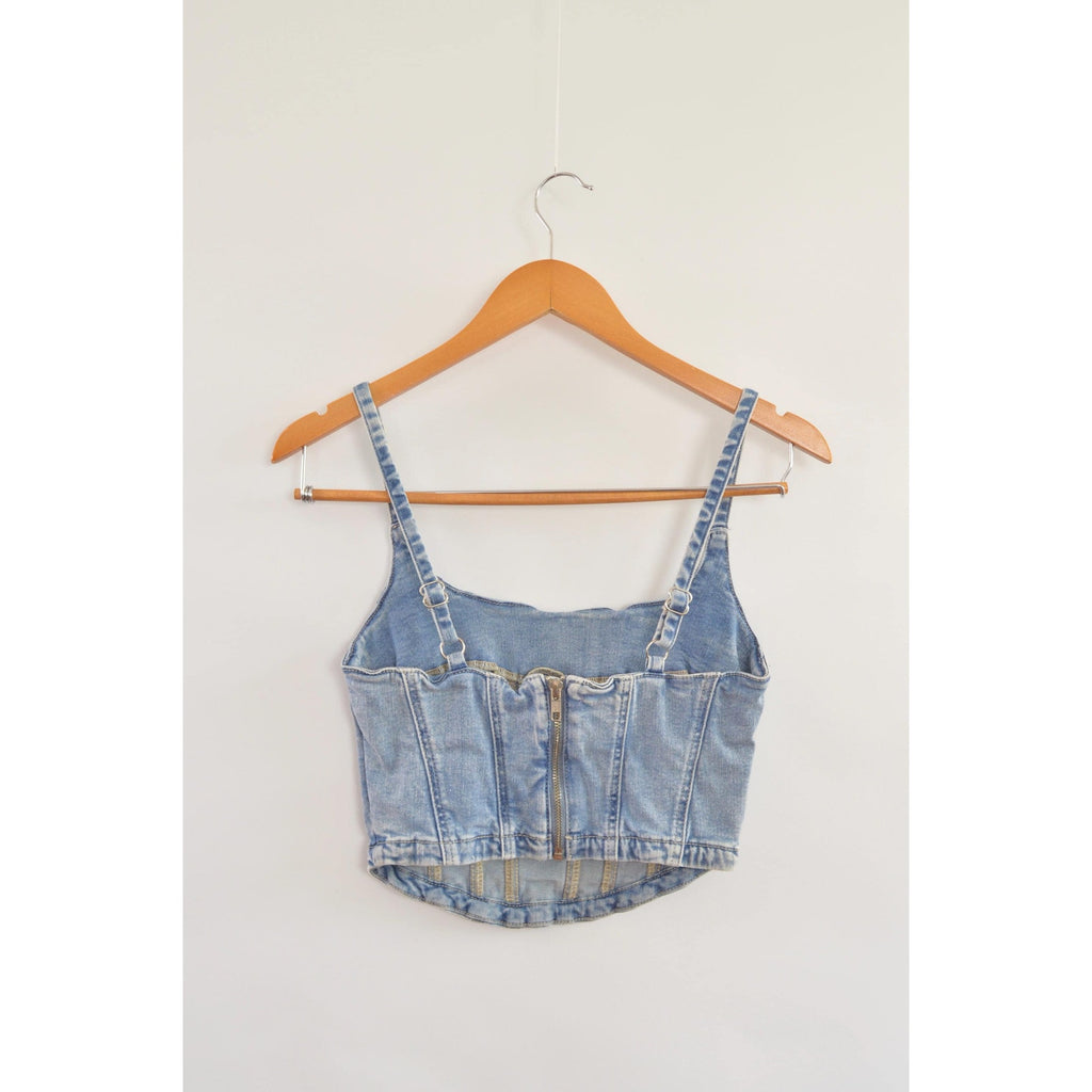 medium wash denim bustier tank with adjustable straps