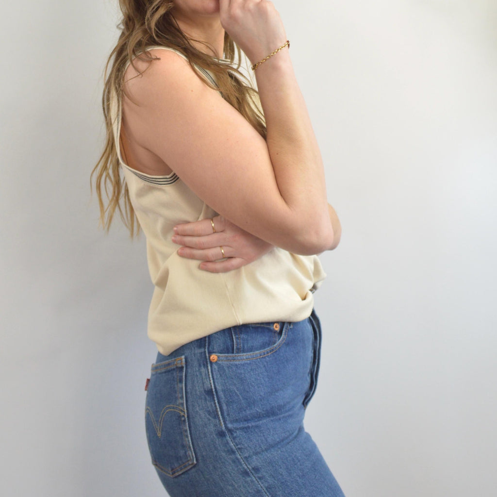sweater knit silk blend tank with black striped banding around neck and sleeves
