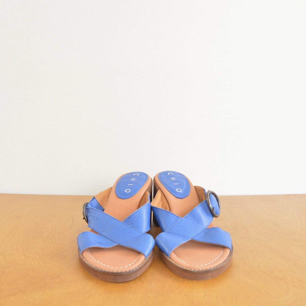 blue leather cross over block heels
