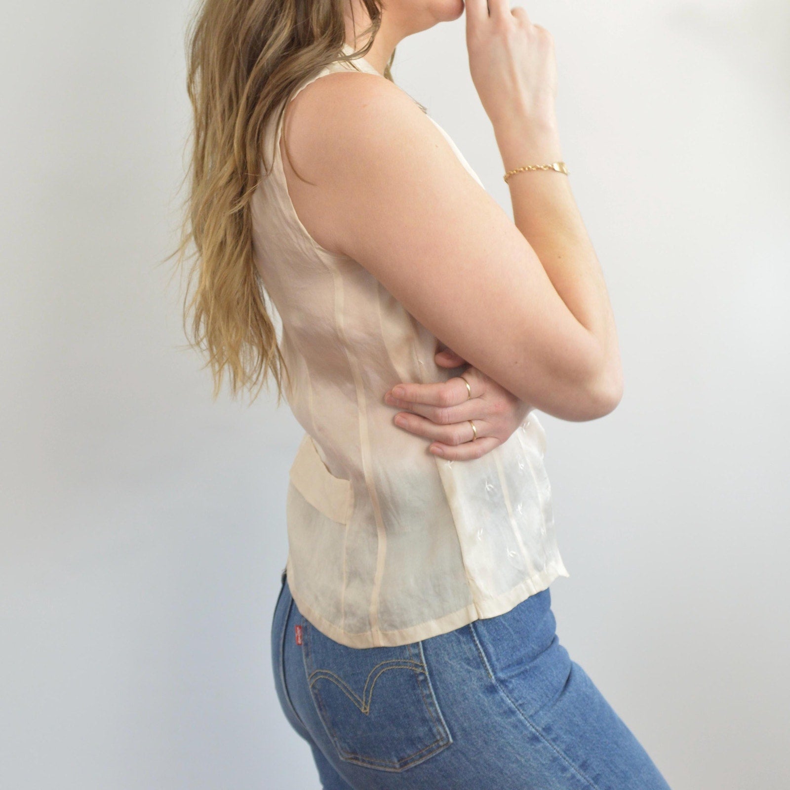 light pink pure silk botanical embroidered button down tank