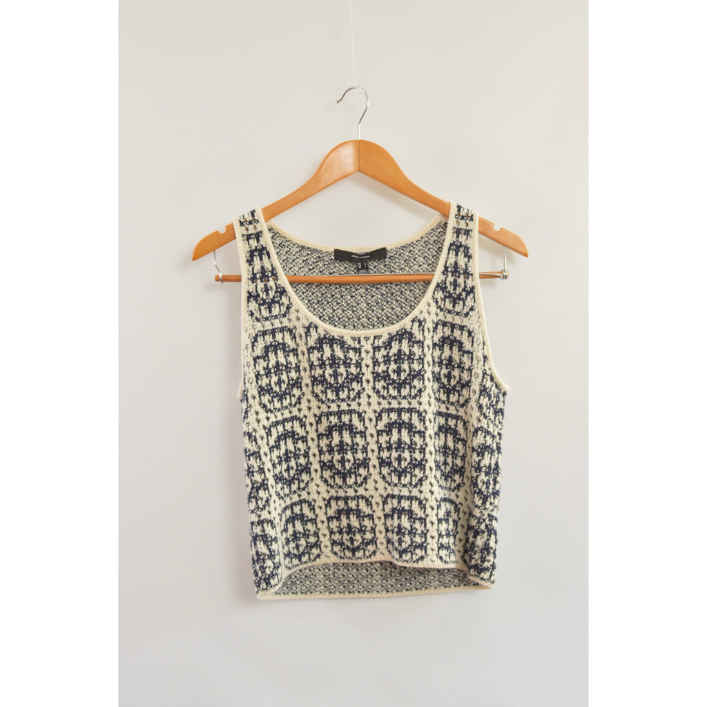 navy and cream abstract open knit cotton blend tank top sweater