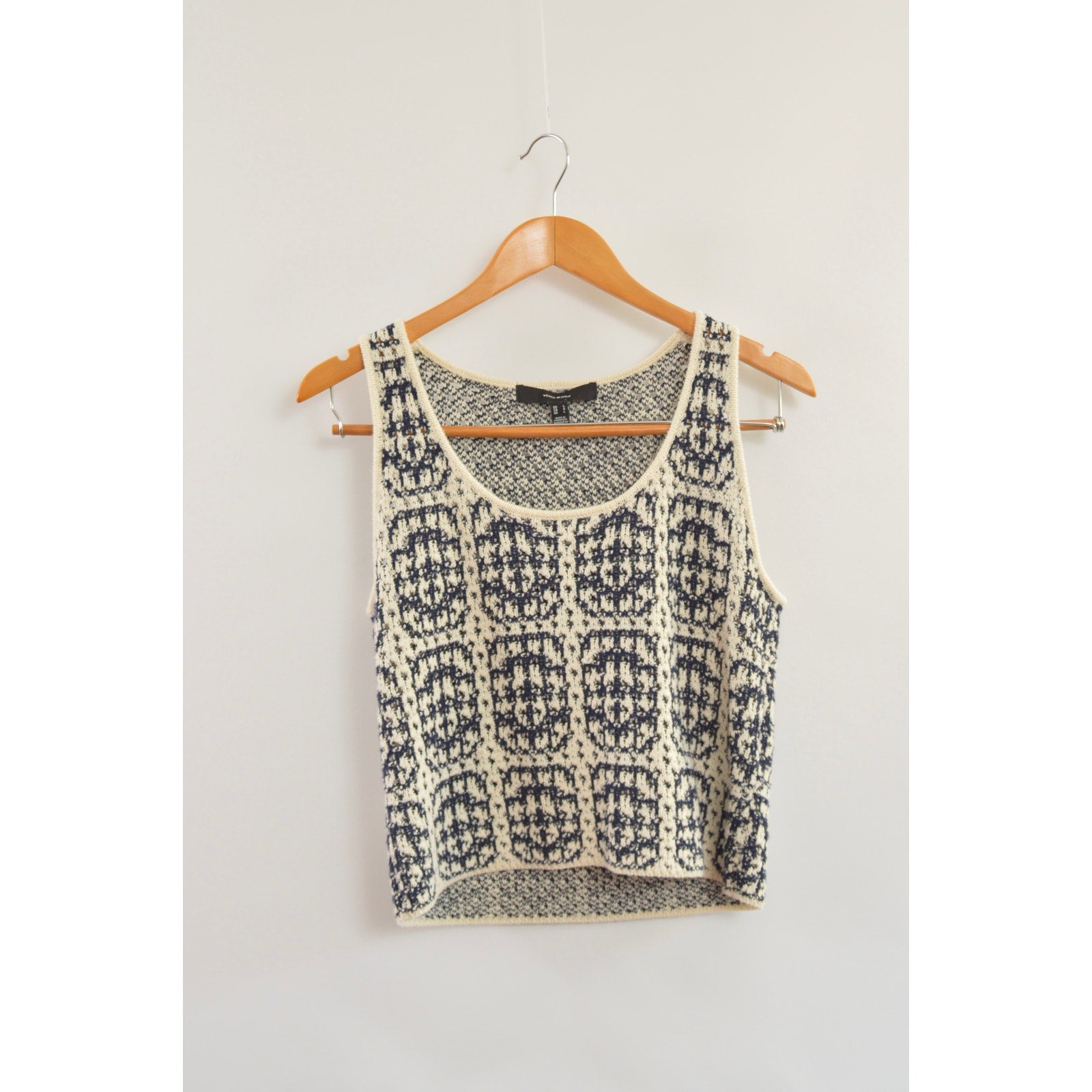 navy and cream abstract open knit cotton blend tank top sweater