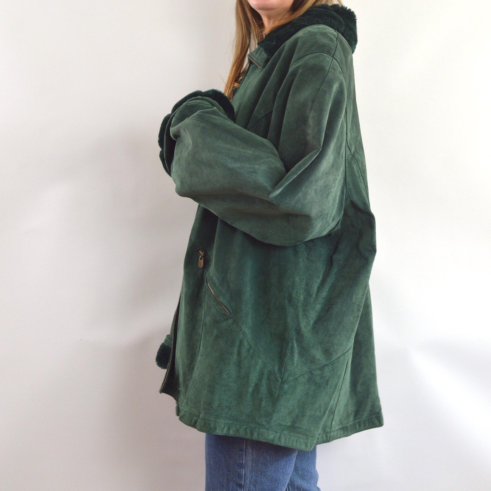evergreen suede chore coat with sheepskin collar and cuffs