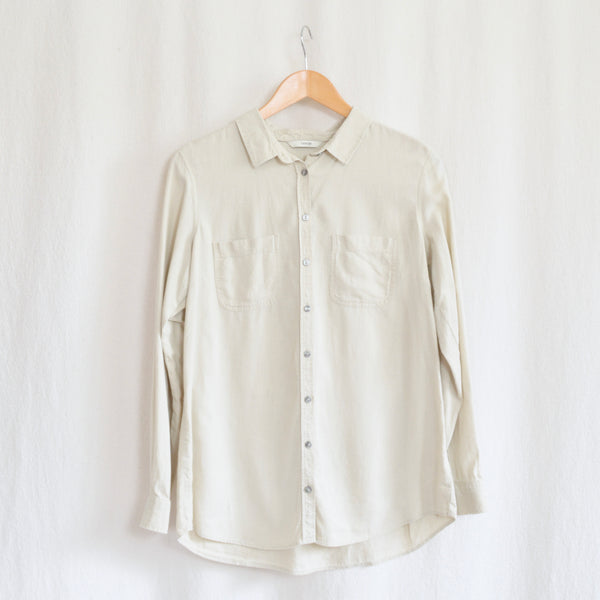 simple beige linen button down shirt