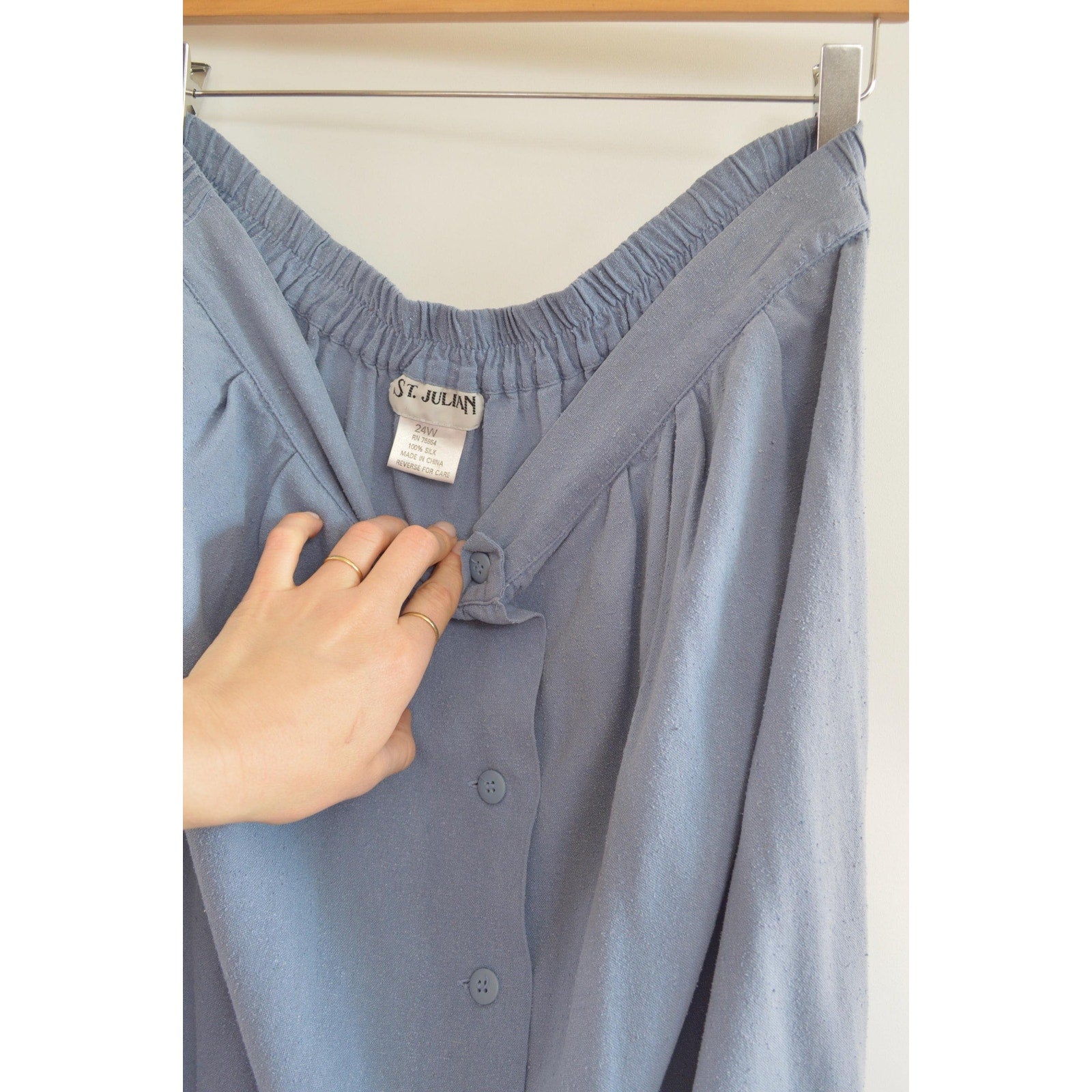 100% silk robins egg blue button down elastic waist midi skirt