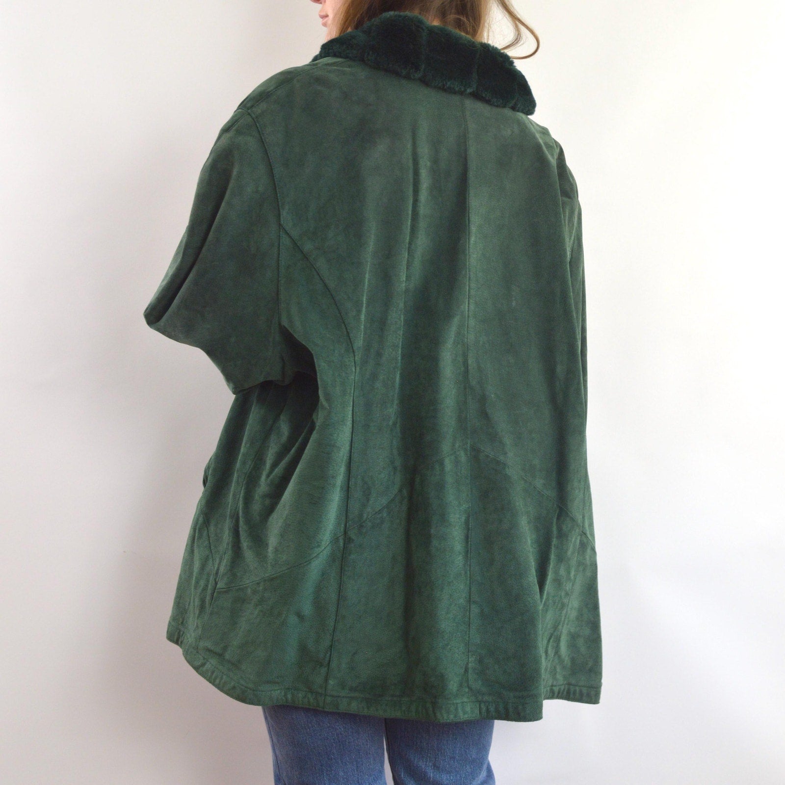 evergreen suede chore coat with sheepskin collar and cuffs