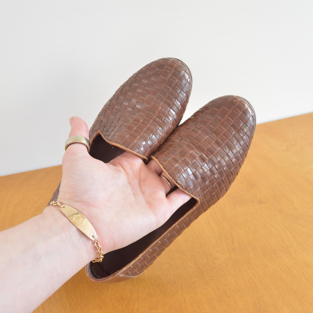 woven cognac leather loafers