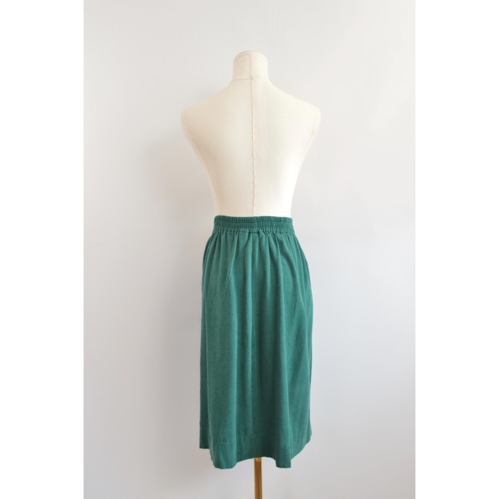 pure silk green elastic waist midi skirt with pockets