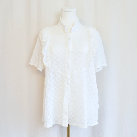 sheer ruffled ivory eyelet button down blouse