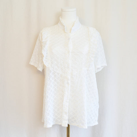 sheer ruffled ivory eyelet button down blouse