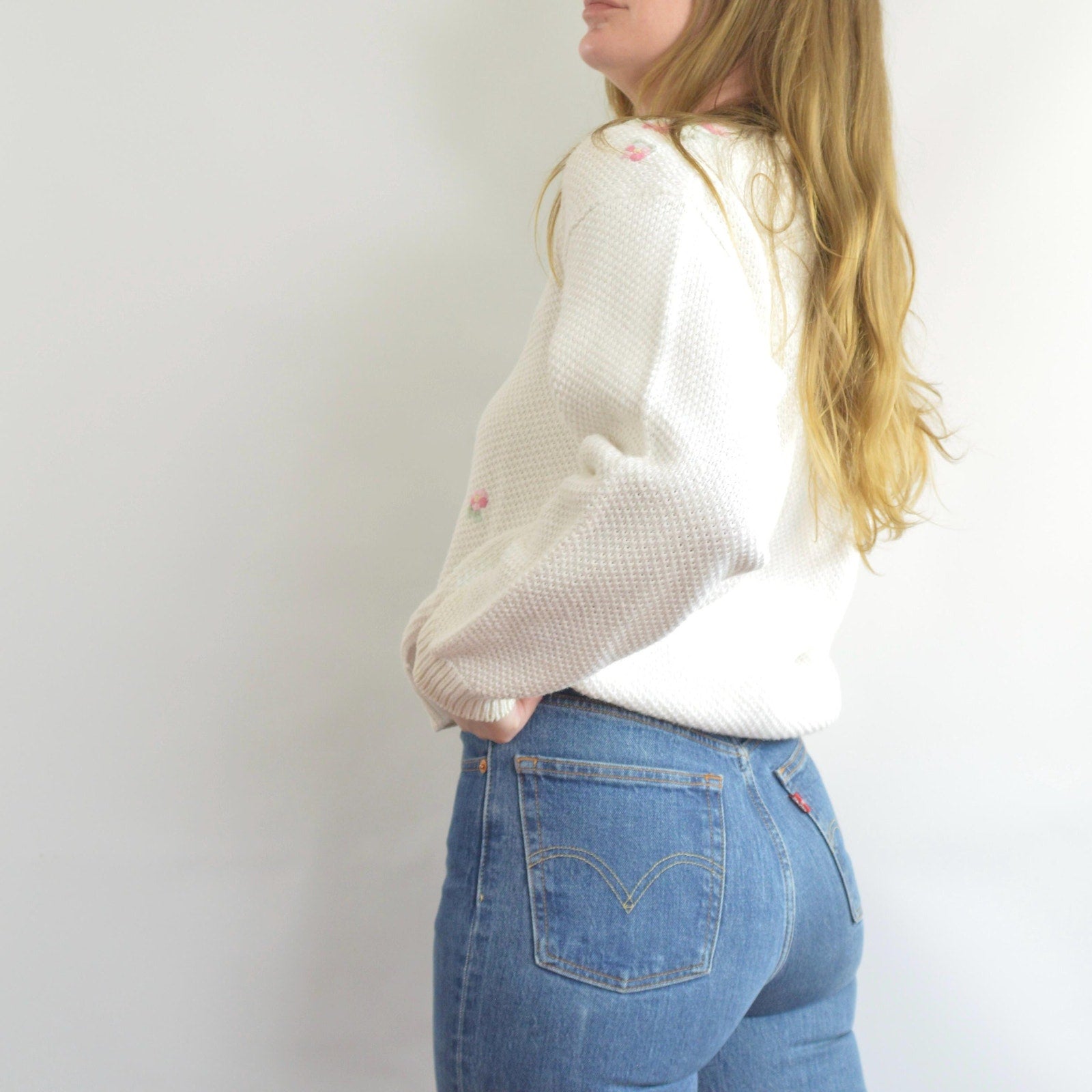 white cropped floral embroidered cotton blend sweater