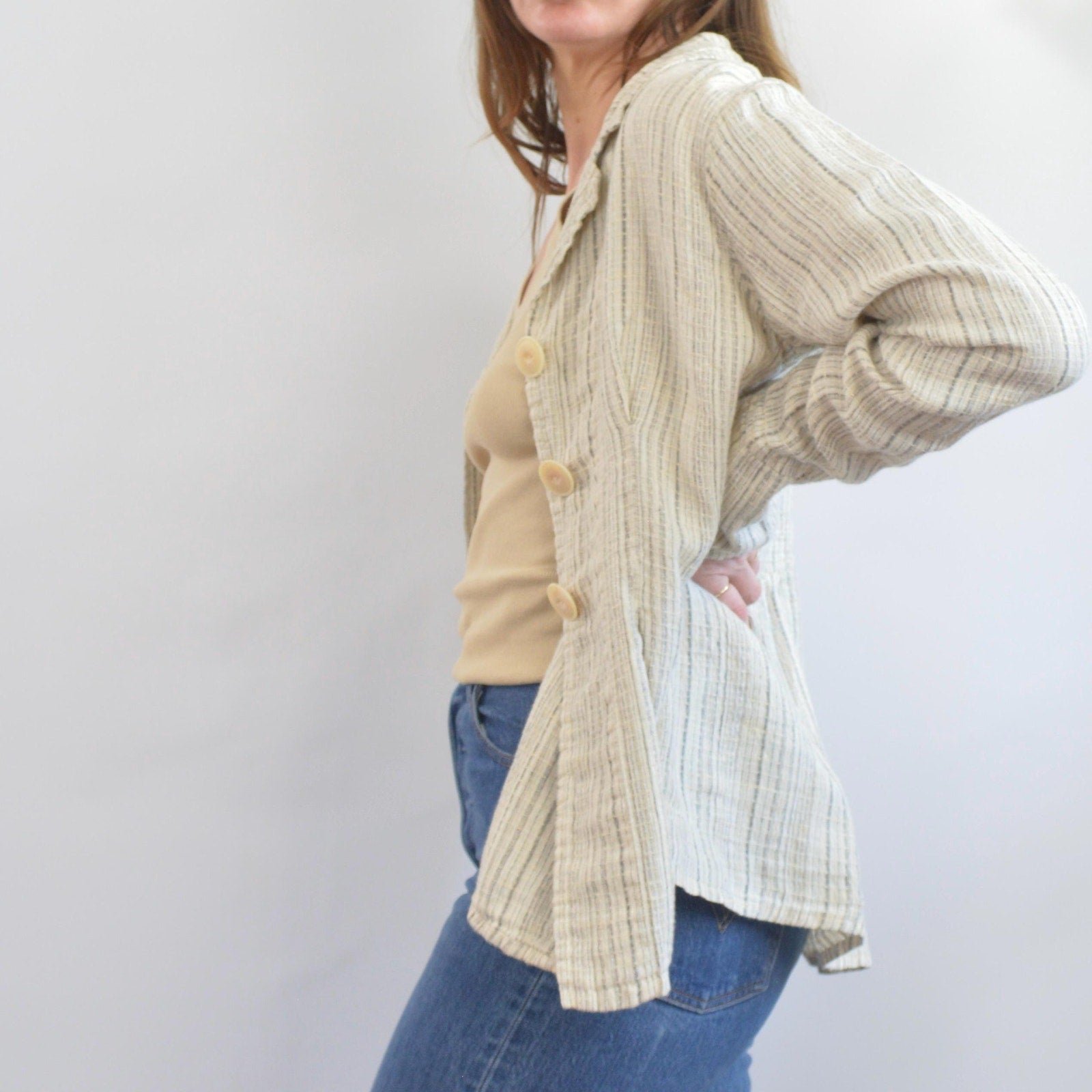 fine strip beige and gray 100% linen FLAX summer jacket