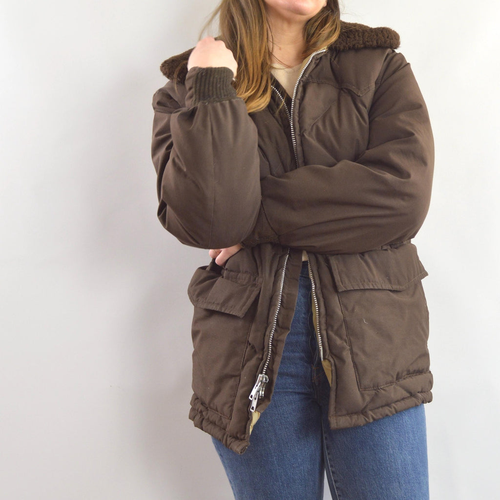 super cool park ranger meets cowboy brown puffer coat with fluffy collar