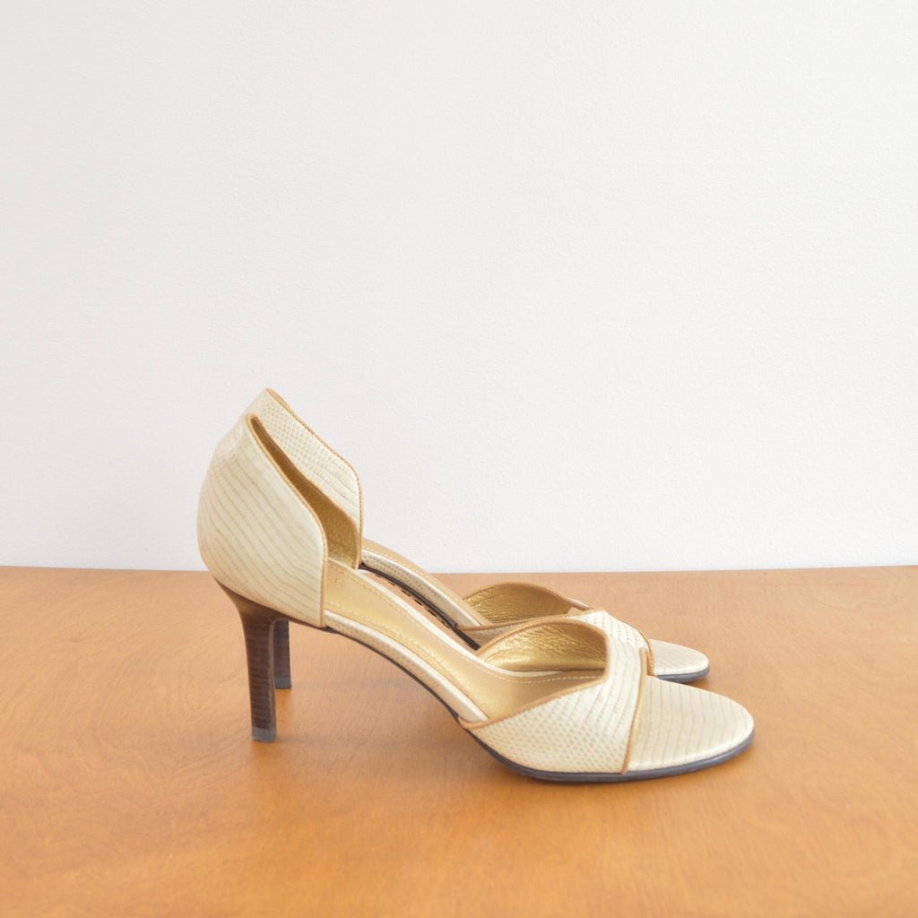 gold trimmed off white crock open toe vintage ralph lauren pumps
